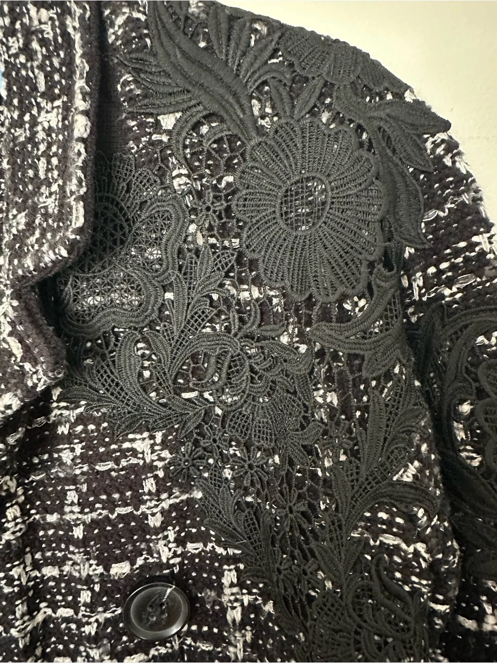 Chico's Black & White Tweed/boucle double breasted Jacket with Lace Appliqué
